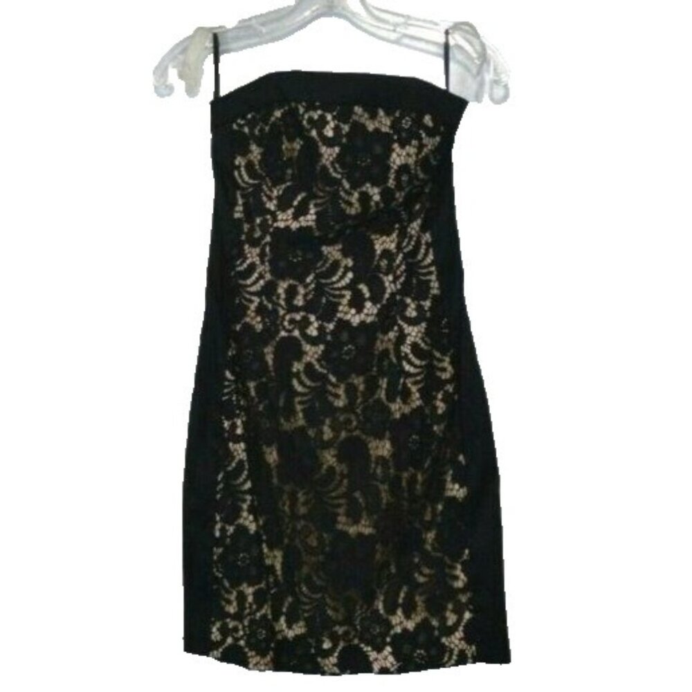 Vintage 90s Cache Womens Strapless Mini Dress Size 6 Black Lace Cocktail Party